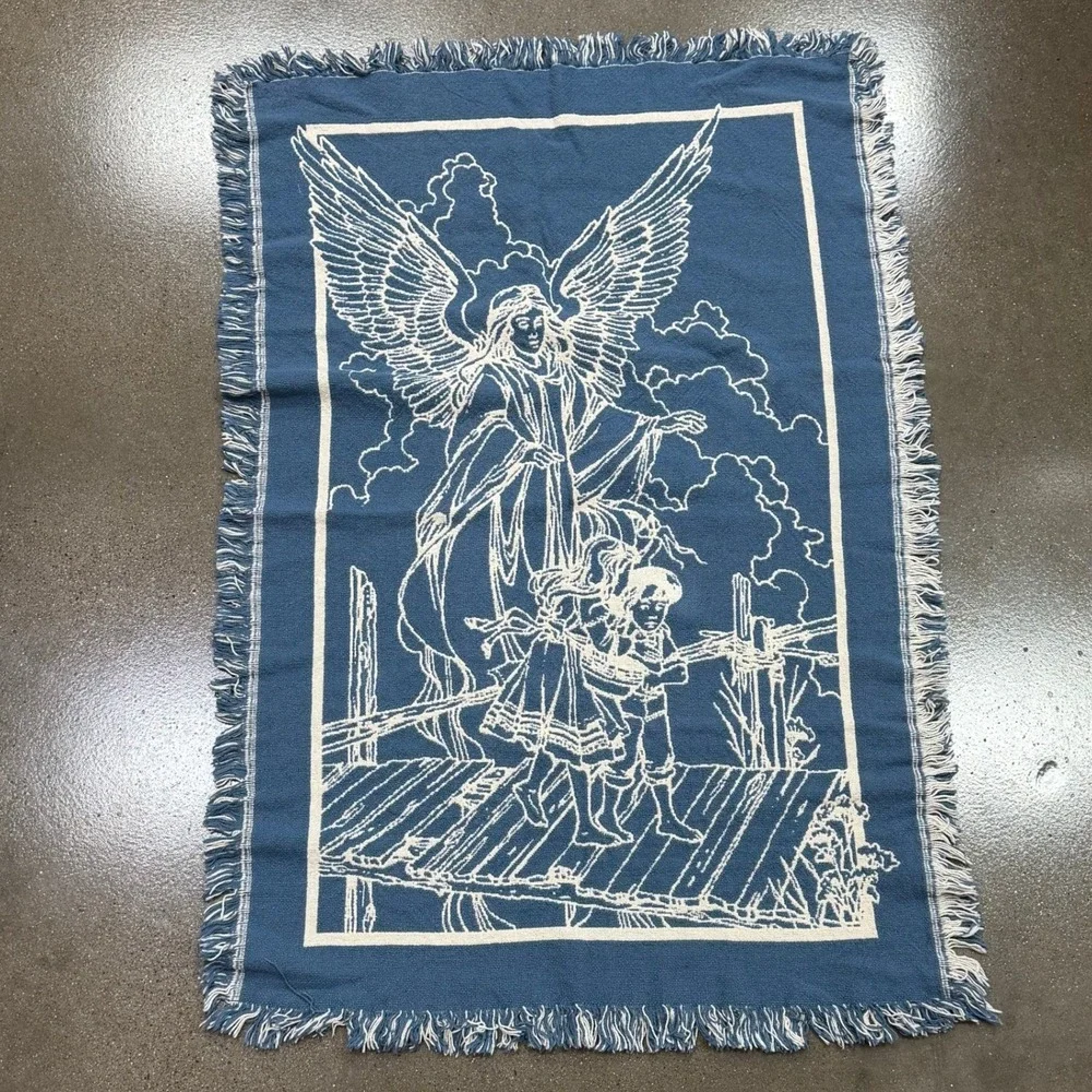 Vintage Guardian Angel Woven Throw Blanket Blue Cream Fringed Tapestry 32x46